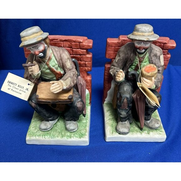 Pair of Emmett Kelly Jr Flambro Clown Porcelain Bookends Brick Wall 6 - Picture 1 of 8